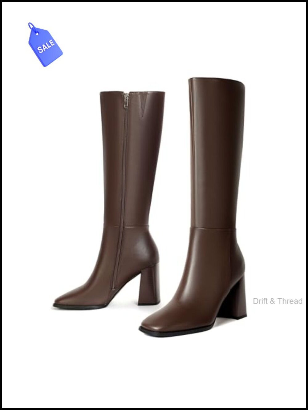 Women's Faux Leather Knee High Boots Square Toe Chunky Block Heel Side Zipper